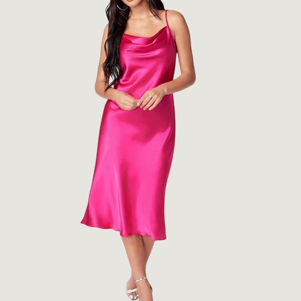 Vintage Y2K 90s Bebe Satin Midi Slip Dress M Fuchsia Drape Neck Night Out Chic‎